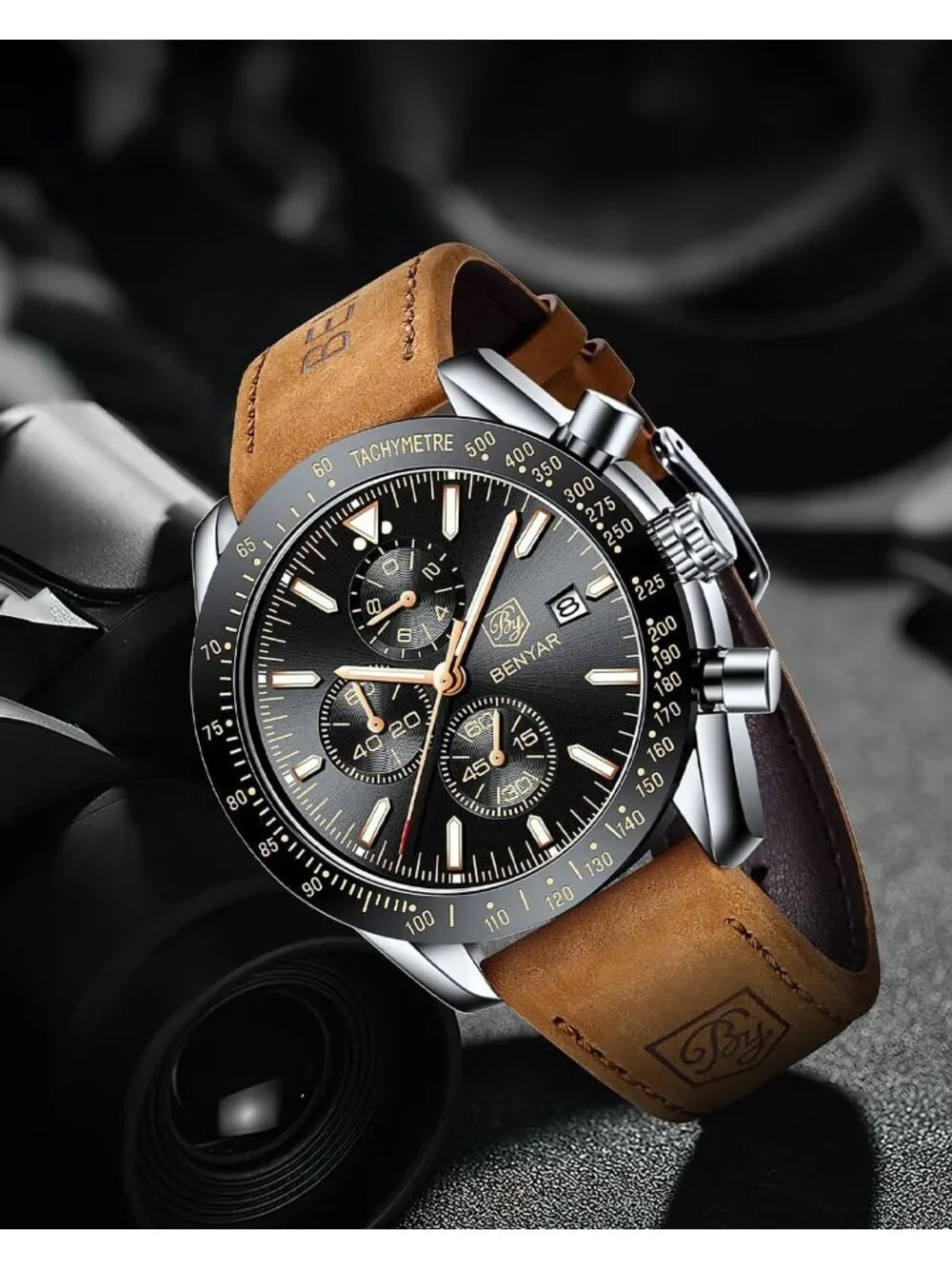 Men's Black Face Analog Brown Silicone Strap Chronograph Luminous Casual Watch